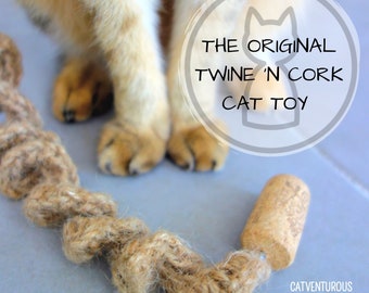 Twine 'n Cork Cat Toy, Handmade Crochet Pigtail Design in Natural Jute Twine With Recycled Cork and Door Handle or Hand Loop