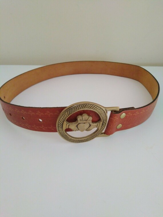 Vintage Men's Tan Leather Belt Hands Holding Heart