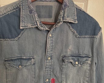 American Vintage Upcycled Denim Western Snap Shirt M L Kapital RRL Style Unique