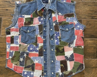 Vintage Wrangler Patchwork One Of A Kind Denim Snap Shirt Vest Americana Biker L
