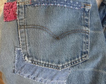 Wabi Sabi /kentsugi Repaired vintage Levi’s 501 Denim Jeans 36x32 USA 80’s