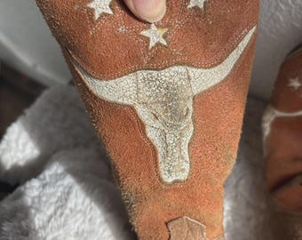 Vintage Justin Heritage Western Cowboy Boots Roughout 10EE Longhorn Inlay Texas UT