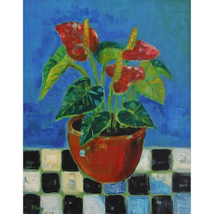 Decoración de pared floral, arte de pared para colgar en la pared, flor de cala roja, decoración de pared firmada, pintura de 13 x 10 pulgadas para sala de estar, arte de pared para el hogar