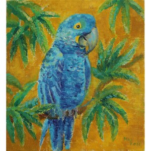 Blue Parrot Oil Painting: Original Bird Art, 11x10 inch 2021 year