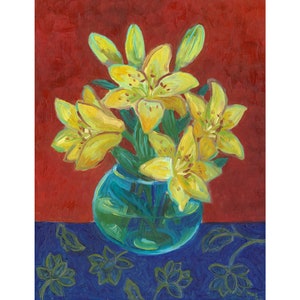 Decoración de pared floral. Pintura de lirios amarillos. Flores. Pintura de bodegón pintada a mano para sala de estar. Arte de pared floral.