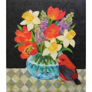Decoración de pared floral Decoración de pared Arte de pared Flores Arte de pared floral Decoración de pared Pintura de bodegones Flores en jarrón de vidrio Pintura de pájaros