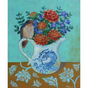 Decoración de pared floral, arte de pared, jarrón de flores con dragón, pintura de pájaro pintada a mano, decoración de pared, arte de pared original, naturaleza muerta