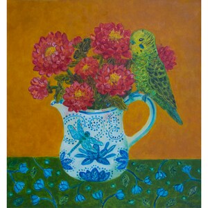 Decoración de pared floral. Flores para colgar en la pared con loro verde. Arte de pared floral. Ramo de ásteres rojos en jarra. Pintura de pájaro de 15 x 14 pulgadas.
