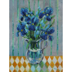 Floral  wall decor Wall Handing Blue Iris painting Flowers Floral Wall Art Still life Home Wall Art Glass vase