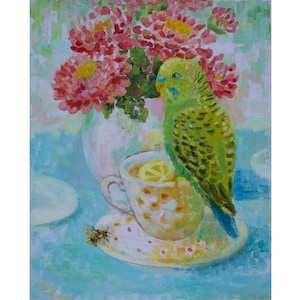 Hand painted Green parrot painting Original oil painting tea bird breakfast flowers Cup of Tea Small Art Kitchen Art