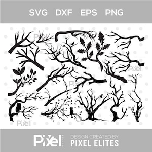 Puede incluir: Una colección de siluetas negras que muestran varias ramas de árboles, ramitas y follaje. Algunas ramas incluyen pájaros pequeños y un gato posado. La imagen incluye el texto SVG, DXF, EPS, PNG arriba y Pixel Elites en la parte inferior.