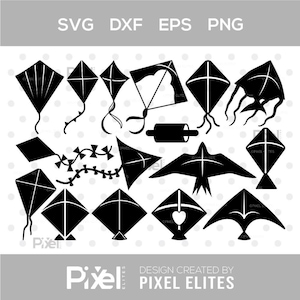 May include: A collection of black kite designs in various shapes and styles. The image includes text that reads "SVG DXF EPS PNG" and "DESIGN CREATED BY PIXEL ELITES".