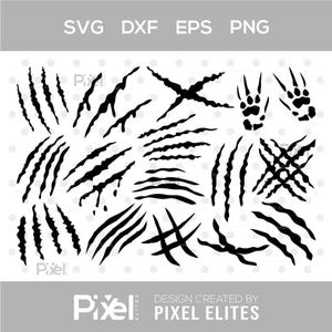 May include: Black claw marks and paw prints in various designs. The image includes the text "SVG DXF EPS PNG" at the top and "Pixel Elites" at the bottom, indicating digital design files.
