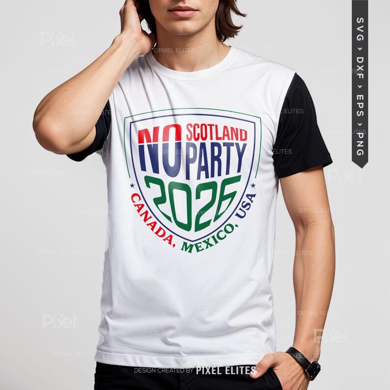 Puede incluir: Camiseta blanca con mangas negras que presenta un dise&ntilde;o de escudo. El escudo dice "NO PARTY 2025" con "SCOTLAND" arriba y "CANADA, MEXICO, USA" abajo. El dise&ntilde;o es en rojo, azul y verde.