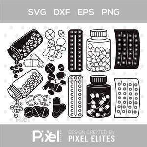 May include: Black and white vector illustration of various pill and medicine bottle shapes. The image includes a pill bottle, a blister pack, and individual pills.