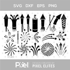 Pode incluir: Ilustrações vetoriais a preto e branco de fogos de artifício, incluindo foguetes, estrelinhas e explosões. A imagem inclui o texto "SVG DXF EPS PNG" e "DESIGN CREATED BY PIXEL ELITES".