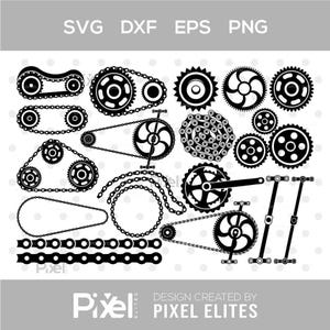 Könnte beinhalten: Schwarz-weiße Vektorgrafiken von Fahrradketten, Zahnrädern und Ritzeln. Das Bild enthält oben den Text "SVG DXF EPS PNG" und unten "DESIGN CREATED BY PIXEL ELITES".