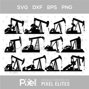 May include: A collection of black silhouette images of oil pump jacks in various designs. The top of the image has the text "SVG DXF EPS PNG". The bottom of the image has the text "DESIGN CREATED BY PIXEL ELITES".