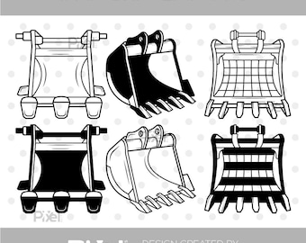 Conjunto de imágenes SVG de cucharones de excavadora / Imágenes prediseñadas de cucharones de cargadora / Siluetas de equipos de construcción en formato PNG, DXF y EPS.