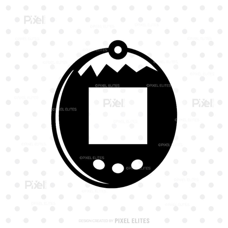 May include: Black and white graphic of a handheld digital pet device. The device has a rounded shape with a square screen and three circular buttons at the bottom. A small loop is at the top for attaching a chain.