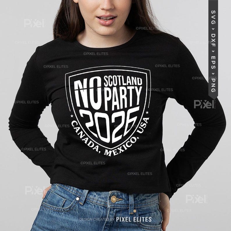 Puede incluir: Camiseta negra de manga larga con un dise&ntilde;o blanco que dice "NO PARTY 2026", "SCOTLAND" en la parte superior y "CANADA, MEXICO, USA" en la inferior. La camiseta la lleva una persona.