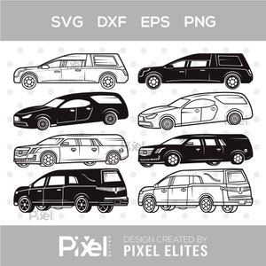 Puede incluir: Un conjunto de ocho ilustraciones vectoriales en blanco y negro de coches fúnebres. Los coches fúnebres se muestran en vista lateral y trasera. Las ilustraciones son adecuadas para su uso en materiales de marketing de funerarias, sitios web y redes sociales.