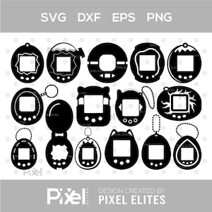 May include: A collection of black and white digital illustrations of various retro handheld virtual pet devices. The image includes the text "SVG DXF EPS PNG" at the top and "DESIGN CREATED BY PIXEL ELITES" at the bottom.