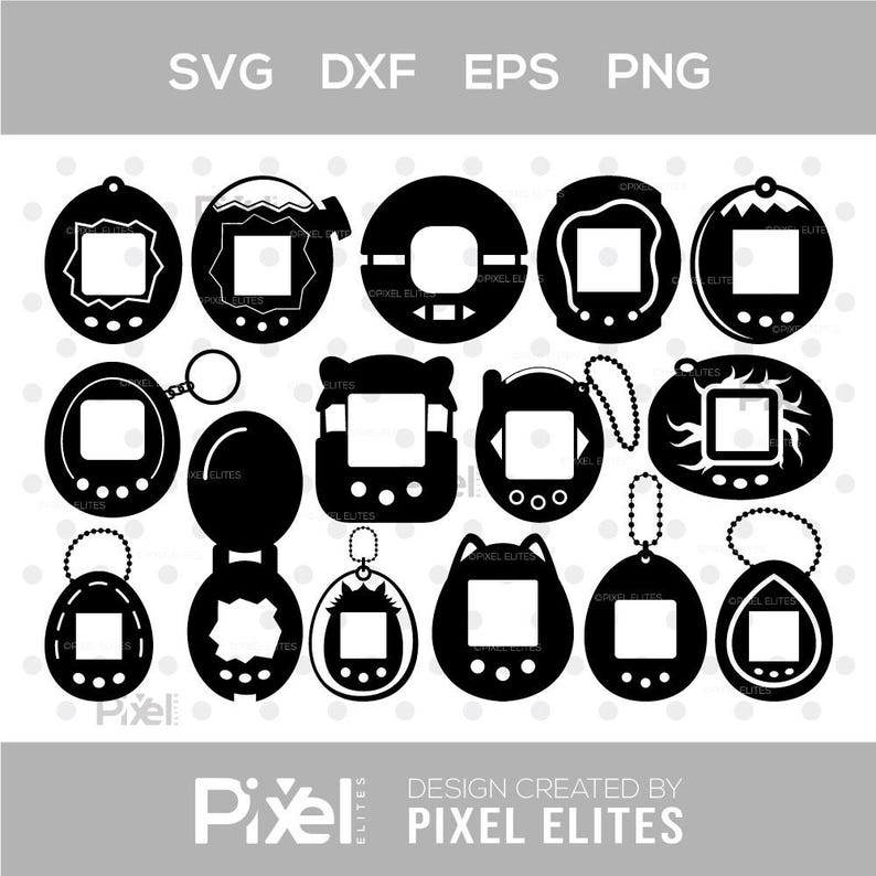 May include: A collection of black and white digital illustrations of various retro handheld virtual pet devices. The image includes the text "SVG DXF EPS PNG" at the top and "DESIGN CREATED BY PIXEL ELITES" at the bottom.