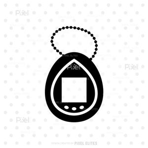 May include: Black and white graphic of a classic handheld digital pet game. The device has an oval shape with a screen and three buttons at the bottom. A beaded chain is attached at the top for carrying.