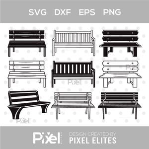 May include: A collection of nine park bench designs in black and white. The benches vary in style, with slatted backs and armrests. The image includes the text "SVG DXF EPS PNG" at the top and "DESIGN CREATED BY PIXEL ELITES" at the bottom.