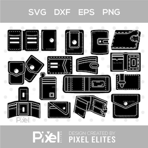 Może przedstawiać: Kolekcja czarno-białych wzorów portfeli w różnych stylach. Obraz zawiera otwarte i zamknięte portfele, z różnymi zamknięciami i przegródkami wewnętrznymi. Tekst u góry brzmi "SVG DXF EPS PNG". Tekst na dole mówi "DESIGN CREATED BY PIXEL ELITES".