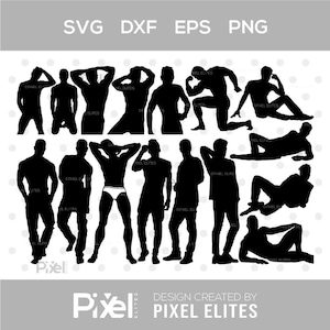 Op de afbeelding: Een verzameling zwarte silhouet vectorafbeeldingen van mannelijke figuren in verschillende poses. De afbeelding bevat de tekst "SVG DXF EPS PNG" bovenaan en "Pixel Elites" en "Design Created By Pixel Elites" onderaan.
