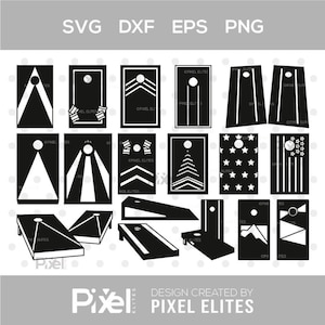 Puede incluir: Diseños de tableros de cornhole en blanco y negro en formatos SVG, DXF, EPS y PNG. Varios diseños incluyen formas geométricas, estrellas y una bandera estadounidense. También aparece el texto "Pixel Elites" e indicadores de tipo de archivo.