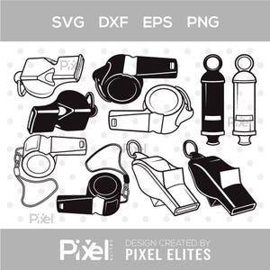 May include: A collection of black and white whistle designs in various styles. The image includes the text "SVG DXF EPS PNG" at the top and "DESIGN CREATED BY PIXEL ELITES" at the bottom.