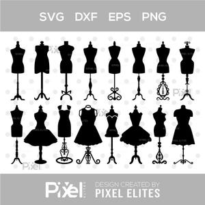 May include: A collection of black dress forms in various styles and designs, displayed on stands with decorative bases. The image includes the text "SVG DXF EPS PNG" and "DESIGN CREATED BY PIXEL ELITES".