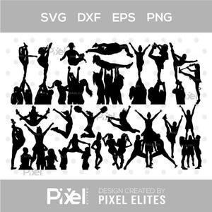 May include: Black silhouette illustrations of cheerleaders in various poses, including jumps, lifts, and splits. The image includes the text "SVG DXF EPS PNG" at the top and "DESIGN CREATED BY PIXEL ELITES" at the bottom.