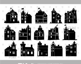 Lighthouse House SVG Bundle, Coastal Nautical Cottage Silhouette Clipart