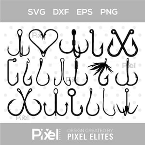 May include: A collection of black fishing hooks in various designs, including a heart-shaped hook. The image includes the text "SVG DXF EPS PNG" and "DESIGN CREATED BY PIXEL ELITES".