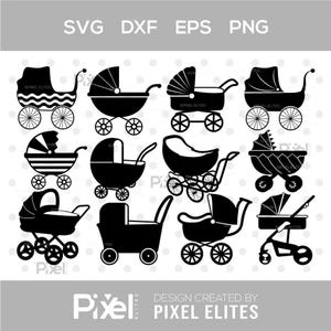 May include: A collection of black and white vector images depicting different types of baby prams. The image includes the text "SVG DXF EPS PNG" and "DESIGN CREATED BY PIXEL ELITES".