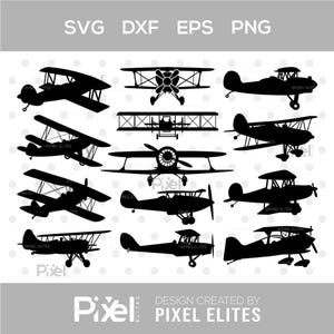 May include: A collection of black airplane silhouettes in various designs, including biplanes and monoplanes. The image includes the text "SVG DXF EPS PNG" at the top and "DESIGN CREATED BY PIXEL ELITES" at the bottom.