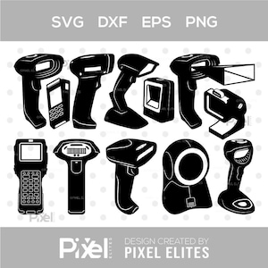 May include: Black and white vector graphic of various barcode scanners and data collection devices. Includes handheld scanners, a stationary scanner, and a data terminal. Text at the top reads "SVG DXF EPS PNG". The design is created by Pixel Elites.
