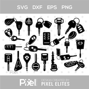 May include: A collection of black car key silhouettes, including key fobs and traditional keys. The image includes the text "SVG DXF EPS PNG" at the top and "DESIGN CREATED BY PIXEL ELITES" at the bottom.