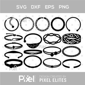 Könnte beinhalten: Eine Sammlung von schwarz-weißen Armbanddesigns in verschiedenen Stilen. Das Bild zeigt Armbänder mit Perlen, Kettengliedern und offenen Manschetten. Der Text oben lautet "SVG DXF EPS PNG". Der Text unten lautet "DESIGN CREATED BY PIXEL ELITES".