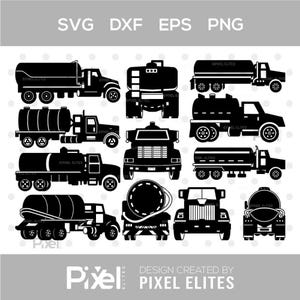 May include: A collection of black silhouette vector graphics featuring various tanker trucks in side, front, and rear views. The set includes multiple truck configurations with cylindrical tanks, wheels, and cabs, labeled with SVG, DXF, EPS, PNG text.