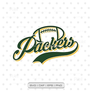 May include: A graphic design featuring the word Packers in a dark green script font with a yellow outline. Above the text is a stylized football illustration in dark green and yellow. The design includes the text SVG | DXF | EPS | PNG at the bottom.