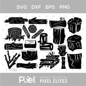 May include: Black and white vector illustrations of various wood elements, including logs, stumps, and branches. The image includes the text "SVG DXF EPS PNG" and the Pixel Elites logo. Perfect for crafting and design projects.