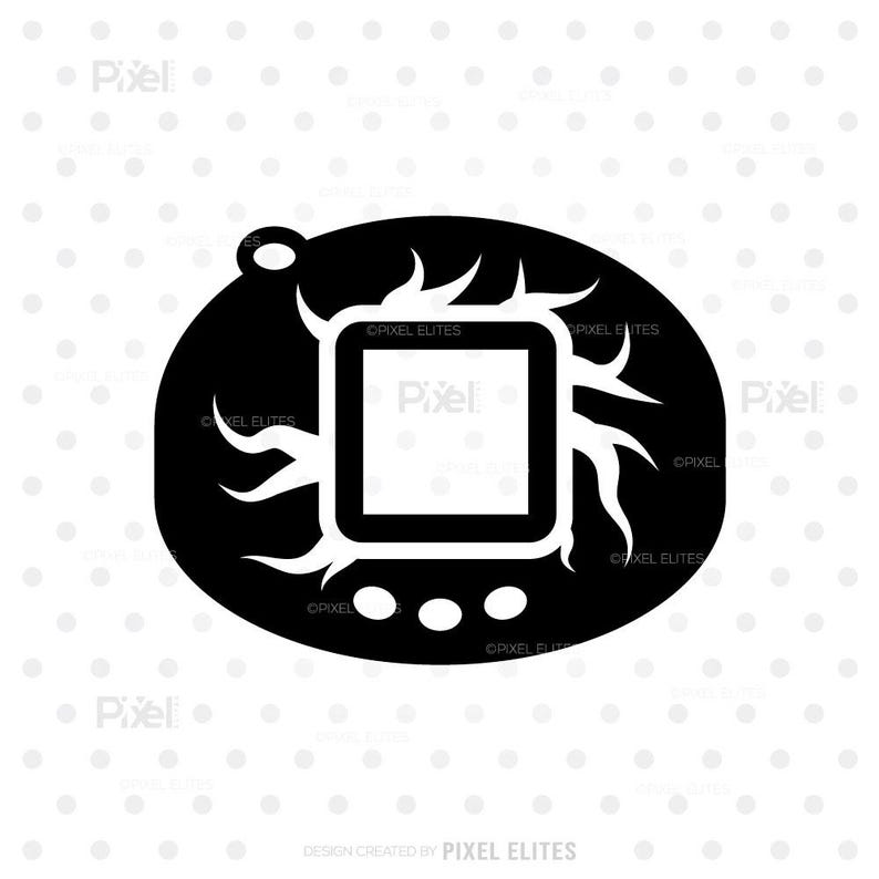 May include: Black and white graphic of a retro handheld digital pet device. The device has a square screen, three buttons, and a loop for attaching a chain. The design is surrounded by stylized flames.