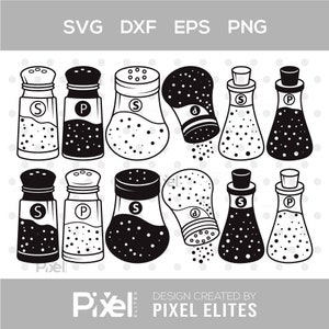 May include: A set of ten black and white salt and pepper shaker illustrations. The shakers are in various shapes and sizes, including round, square, and conical. Some of the shakers are shown pouring out salt or pepper.