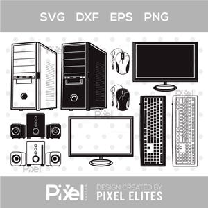 Puede incluir: Un conjunto gráfico digital en blanco y negro que incluye dos torres de computadora, dos ratones con cables, dos monitores de pantalla plana, dos teclados y dos juegos de altavoces. El texto SVG, DXF, EPS, PNG y PIXEL ELITES es visible.