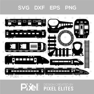 Può includere: Grafica vettoriale in bianco e nero di vari modelli di treni, tra cui vagoni passeggeri, locomotive ed elementi di binari. L'immagine include il testo "SVG DXF EPS PNG" e "DESIGN CREATED BY PIXEL ELITES".